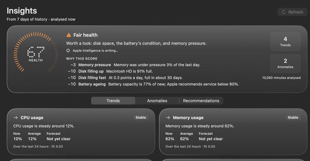 Helix Insights: a health score with the reasons behind it and trends for CPU and memory