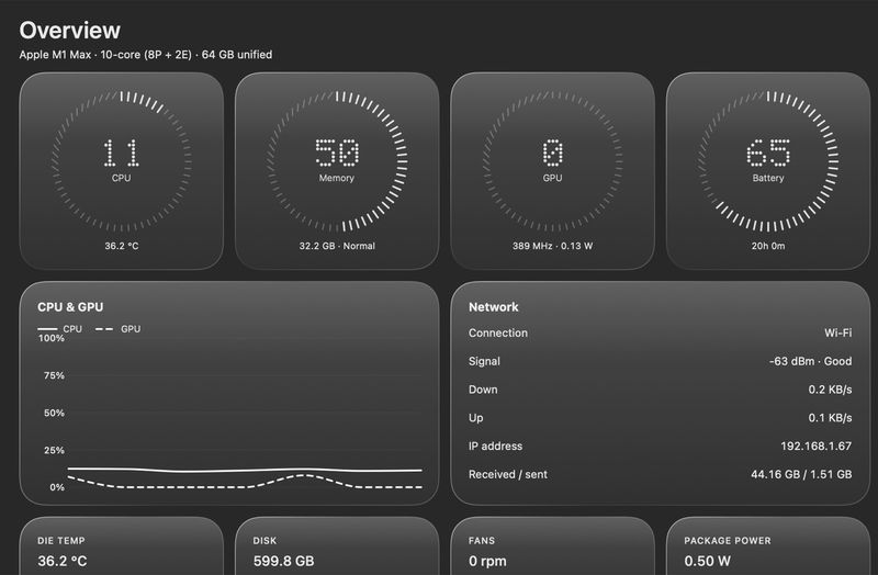 The Helix dashboard: dial gauges for CPU, memory, GPU and battery, a history chart and network details